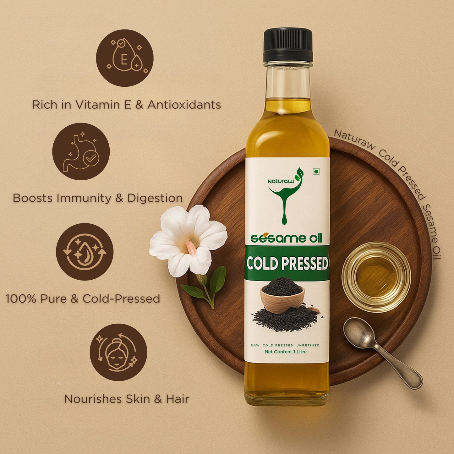 Cold Pressed Sesame Oil, Organic, Pure and Natural